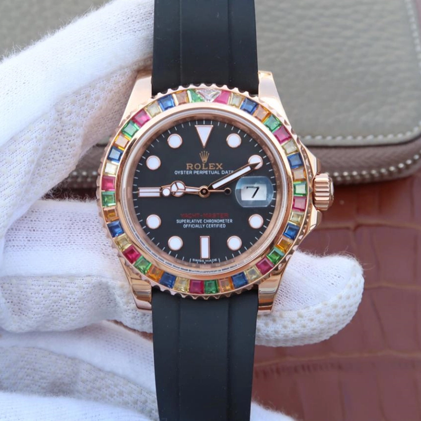 YACHT MASTER 1 GOLDEN DIAMOND BEZEL BLACK DIAL RUBBER STRAP 40MM 116695SATS