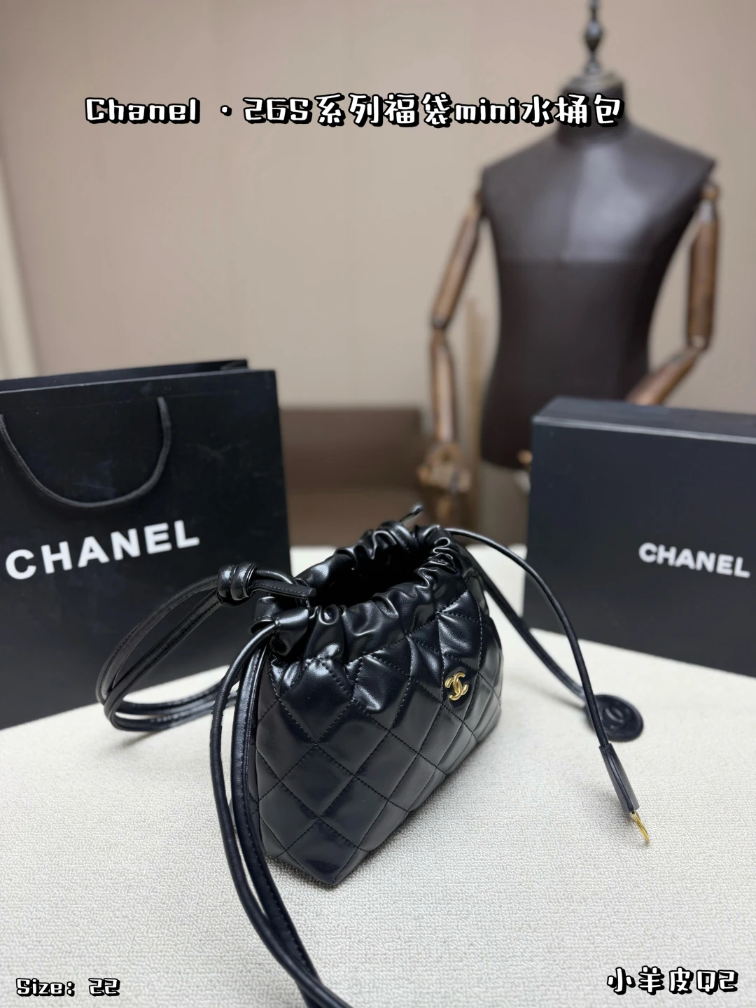 Chanel 26S Black & Gold "Lucky Bag" Mini Bucket Bag