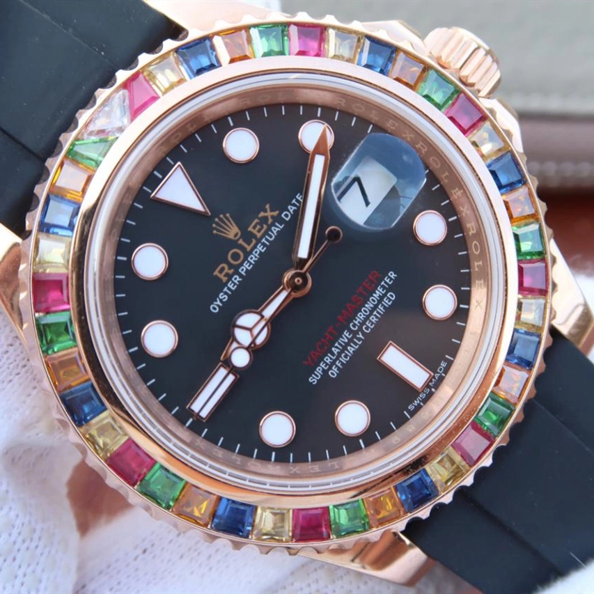 YACHT MASTER 1 GOLDEN DIAMOND BEZEL BLACK DIAL RUBBER STRAP 40MM 116695SATS