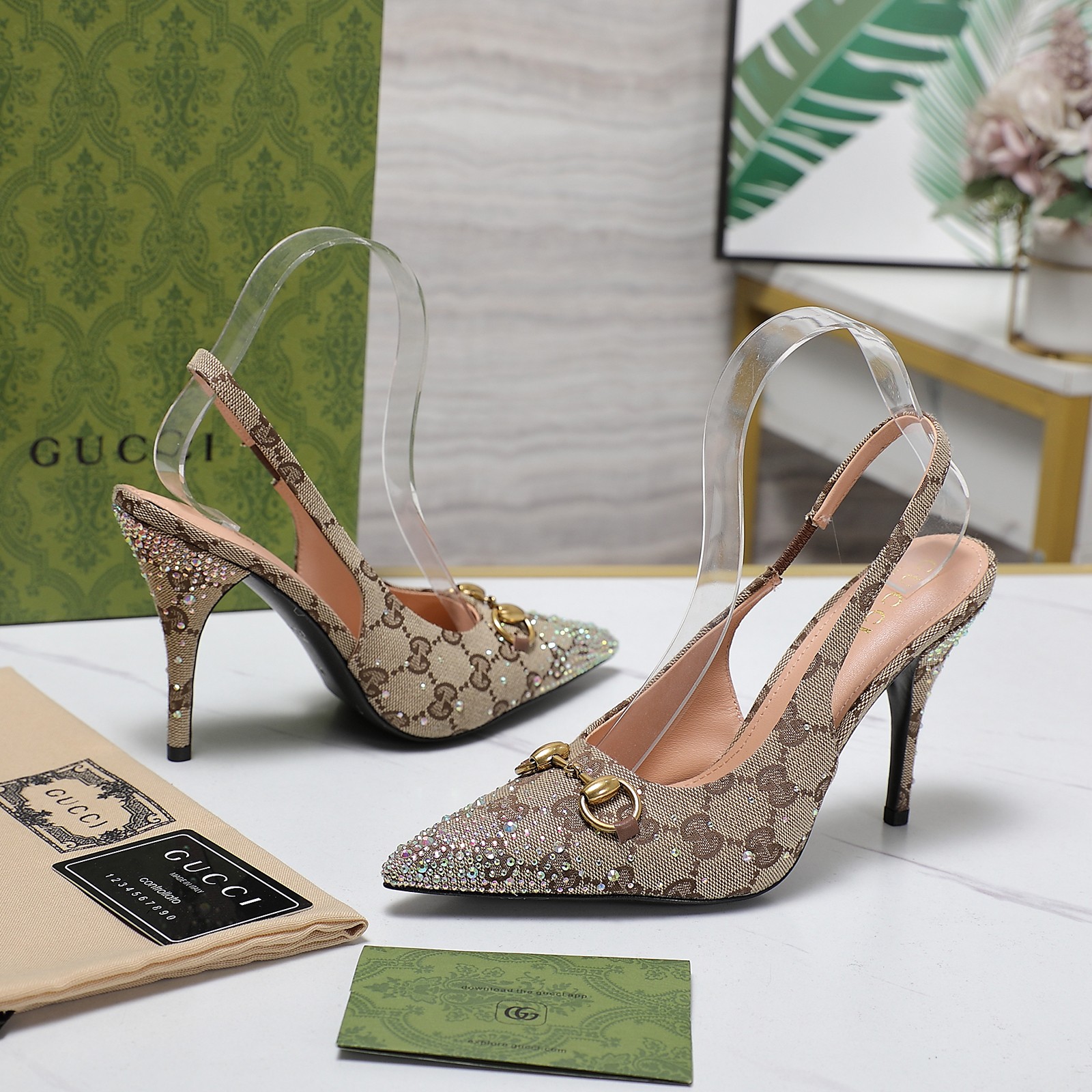 Gucci 25S Spring/Summer New Collection Double G Crystal Chain Buckle High Heel Sandals