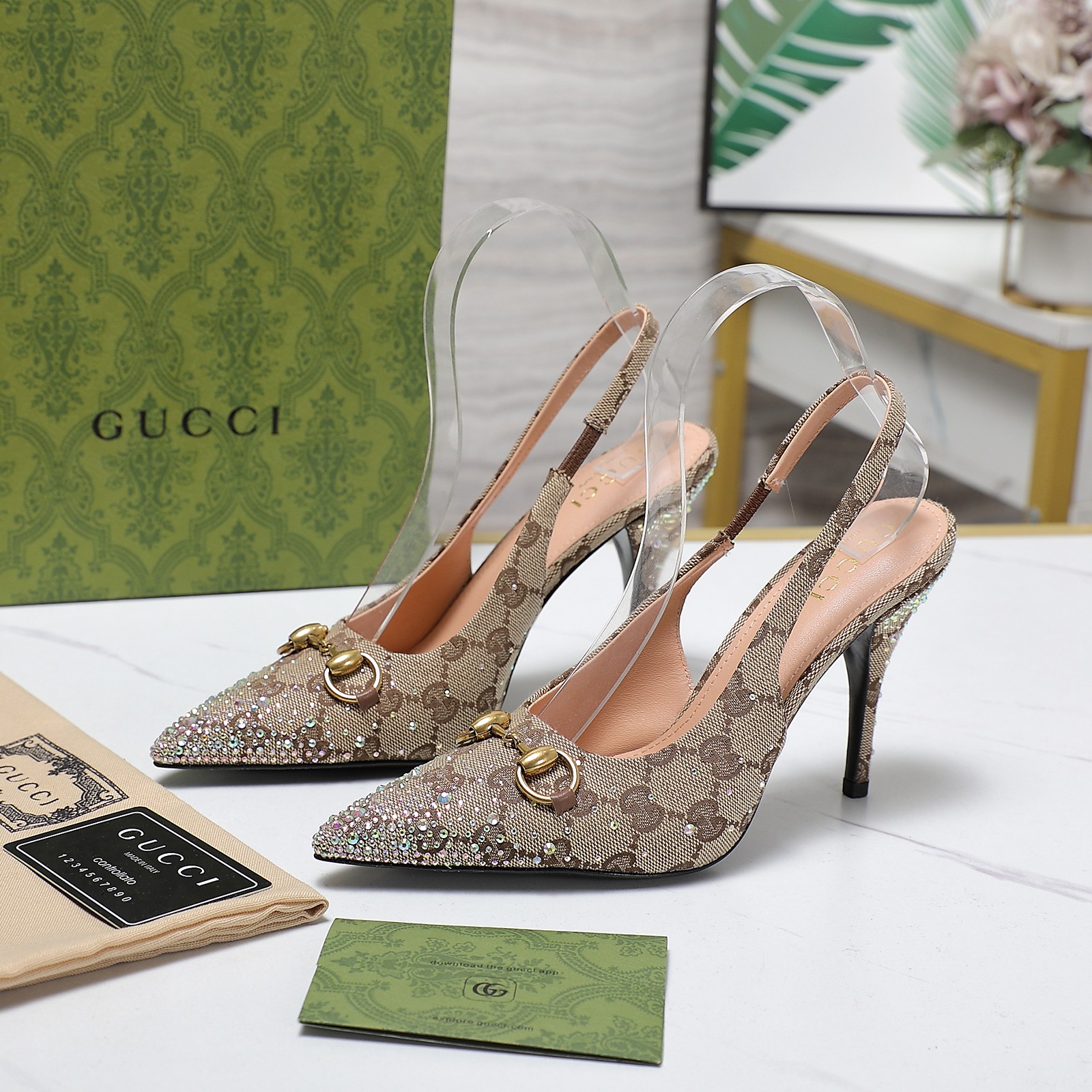 Gucci 25S Spring/Summer New Collection Double G Crystal Chain Buckle High Heel Sandals