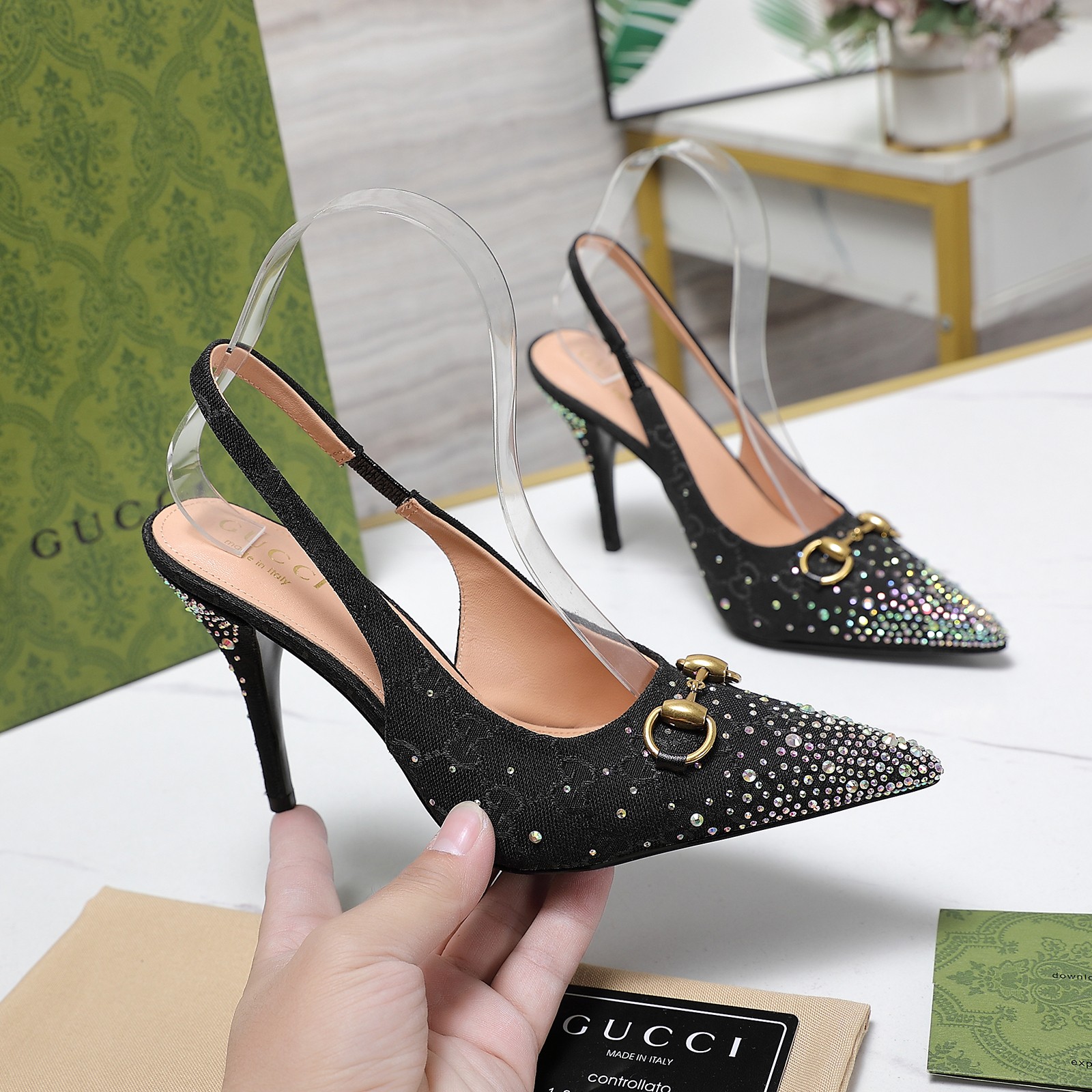 Gucci 25S Spring/Summer New Collection Double G Crystal Chain Buckle High Heel Sandals