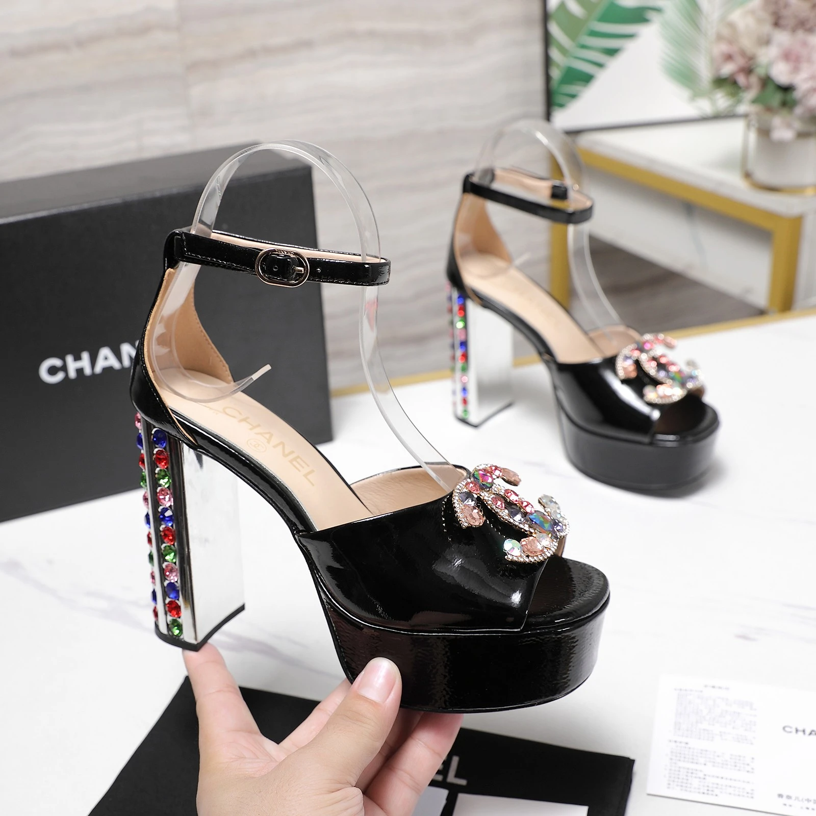 CHANEL Classic Diamond Heel+Double C Diamond Button Sandals