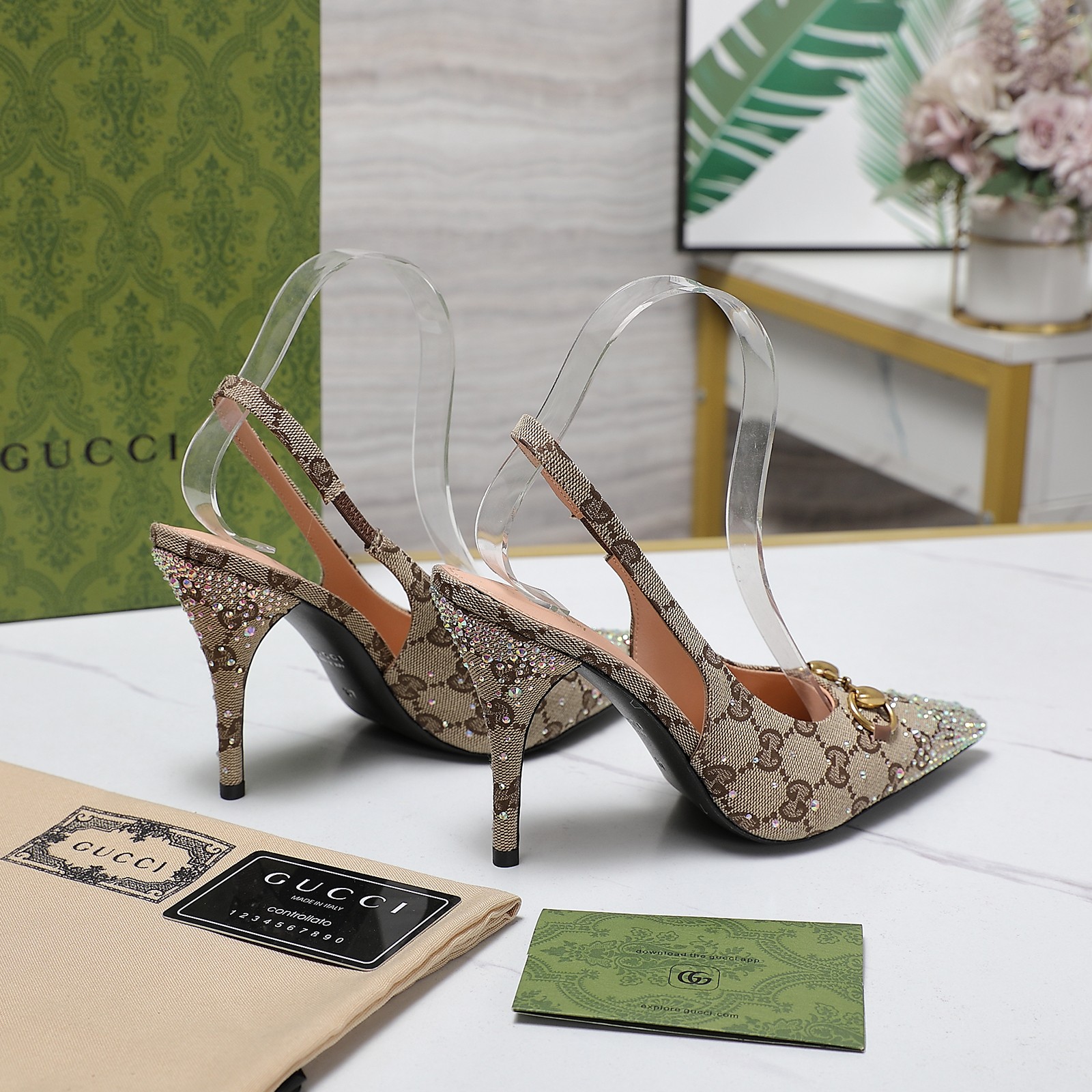Gucci 25S Spring/Summer New Collection Double G Crystal Chain Buckle High Heel Sandals