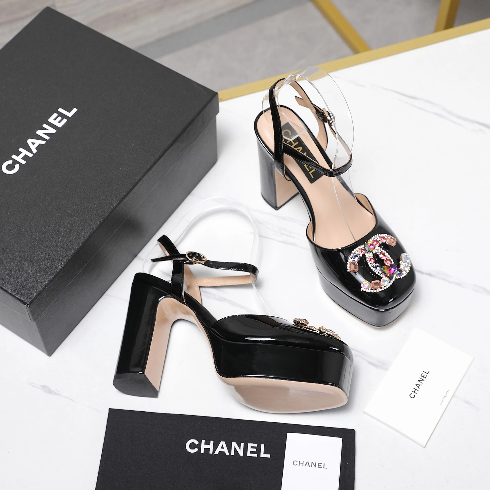 CHANEL Classic Diamond Heel+Double C Diamond Button Sandals