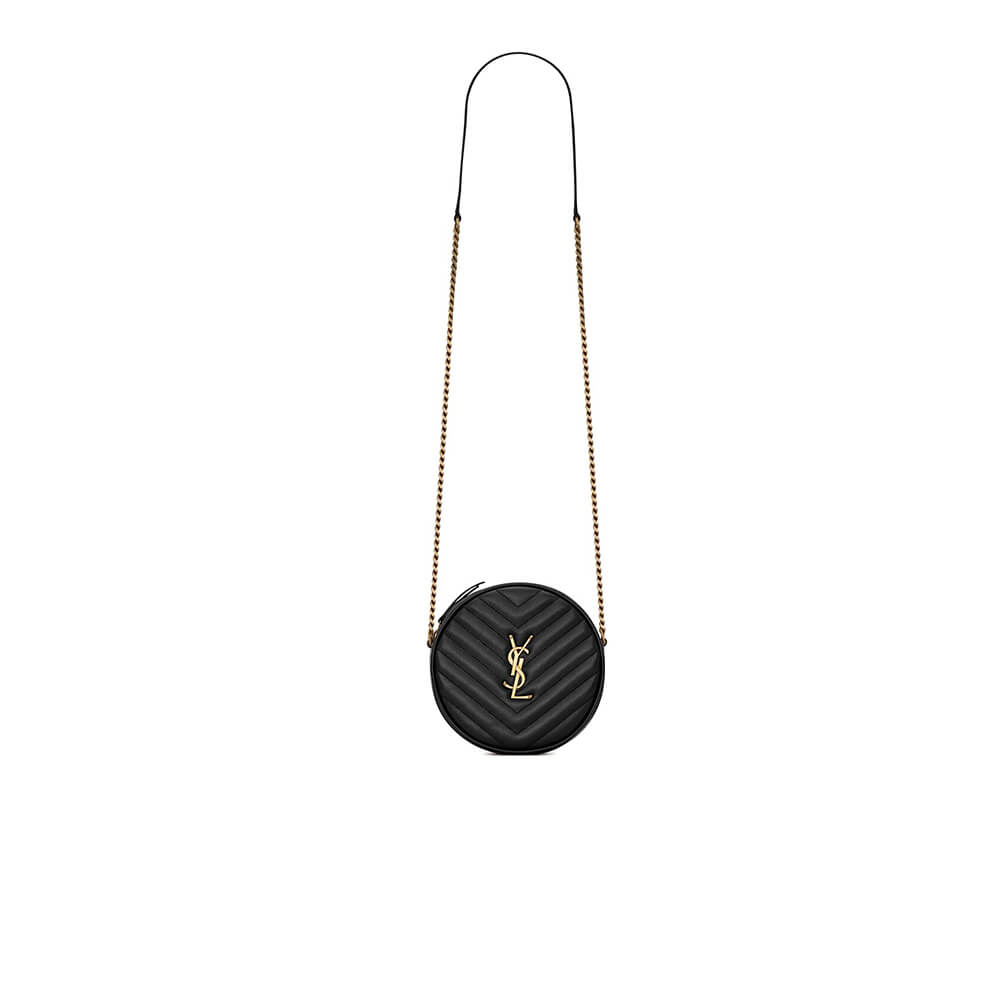 VINYLE ROUND CAMERA BAG IN CHEVRON-QUILTED GRAIN DE POUDRE EMBOSSED LEATHER