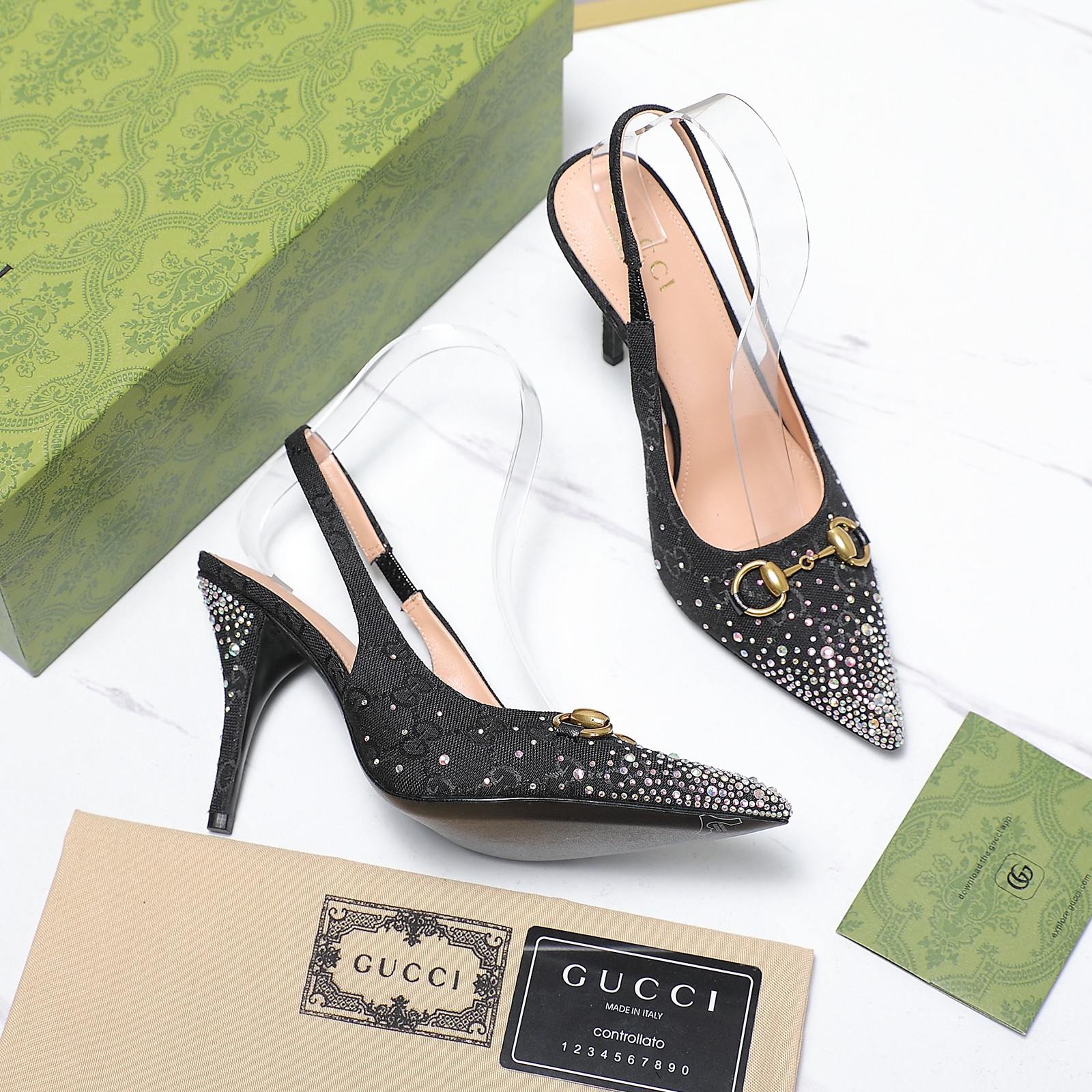 Gucci 25S Spring/Summer New Collection Double G Crystal Chain Buckle High Heel Sandals