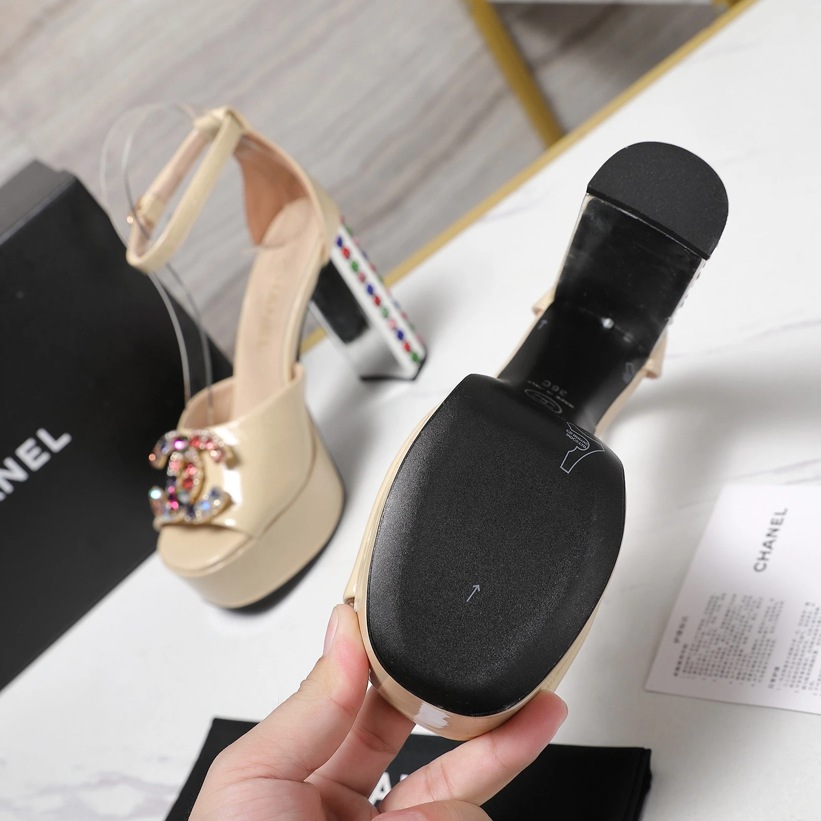 CHANEL Classic Diamond Heel+Double C Diamond Button Sandals