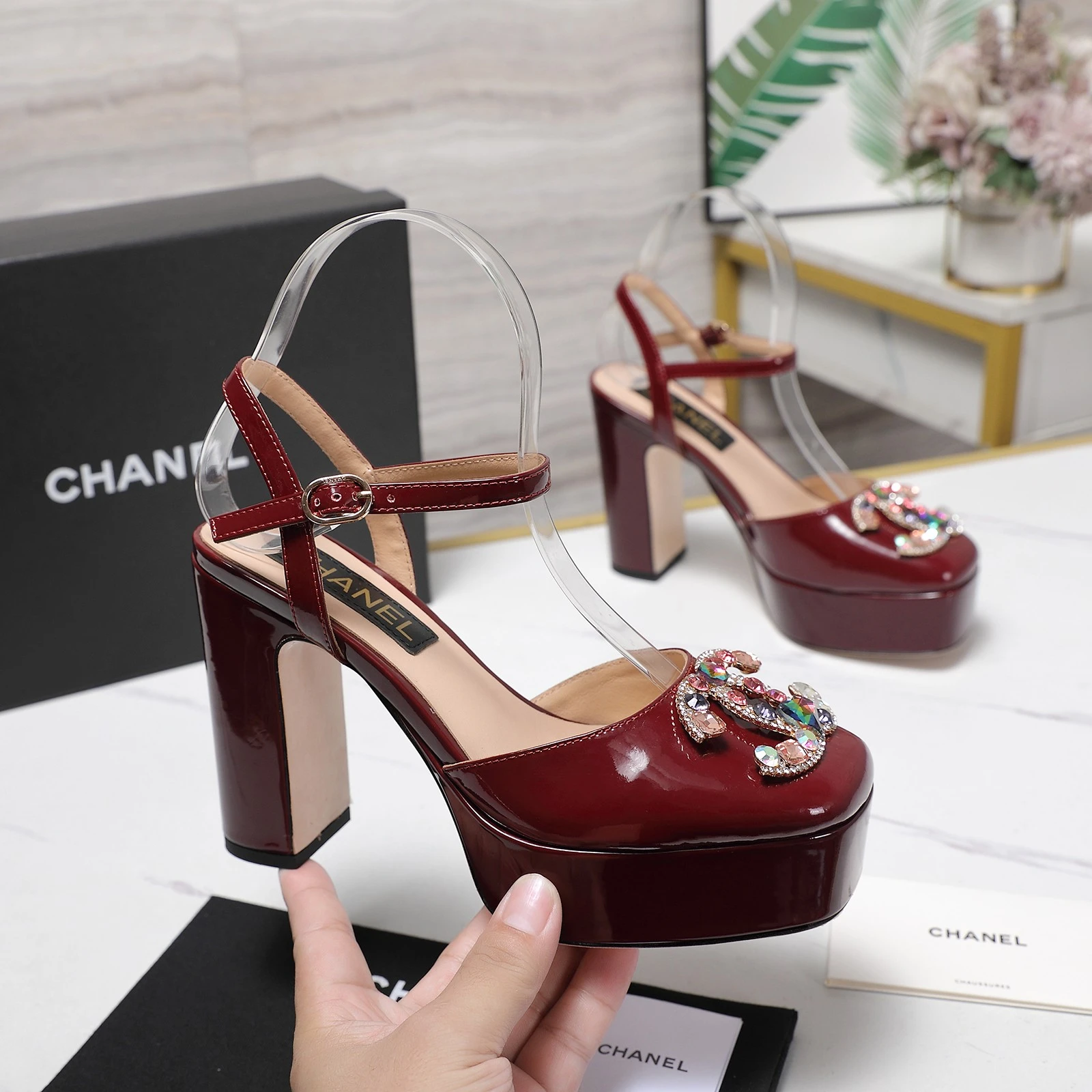 CHANEL Classic Diamond Heel+Double C Diamond Button Sandals