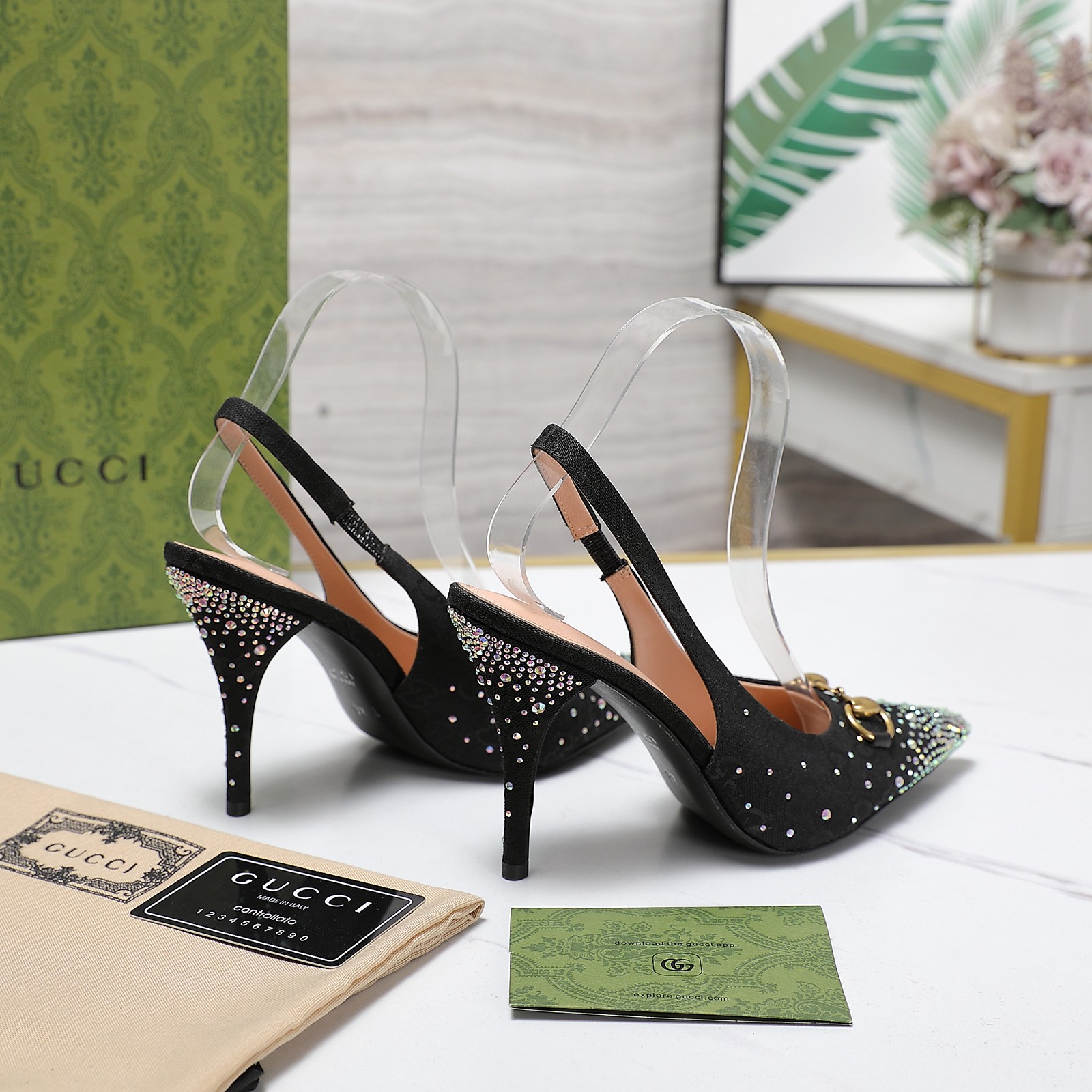 Gucci 25S Spring/Summer New Collection Double G Crystal Chain Buckle High Heel Sandals
