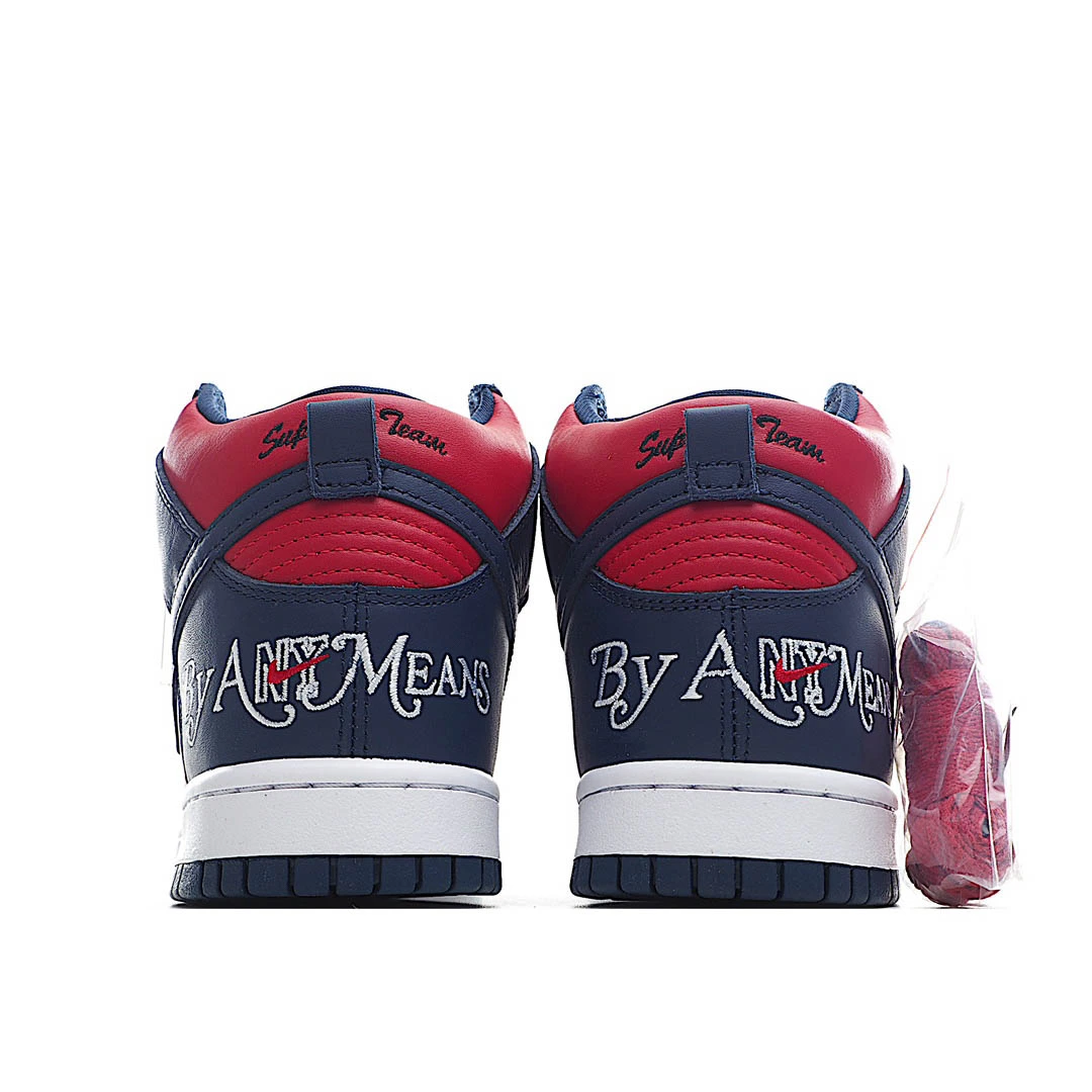 Supreme x Nike SB Dunk High "By Any Means" Red and Blue Sneakers