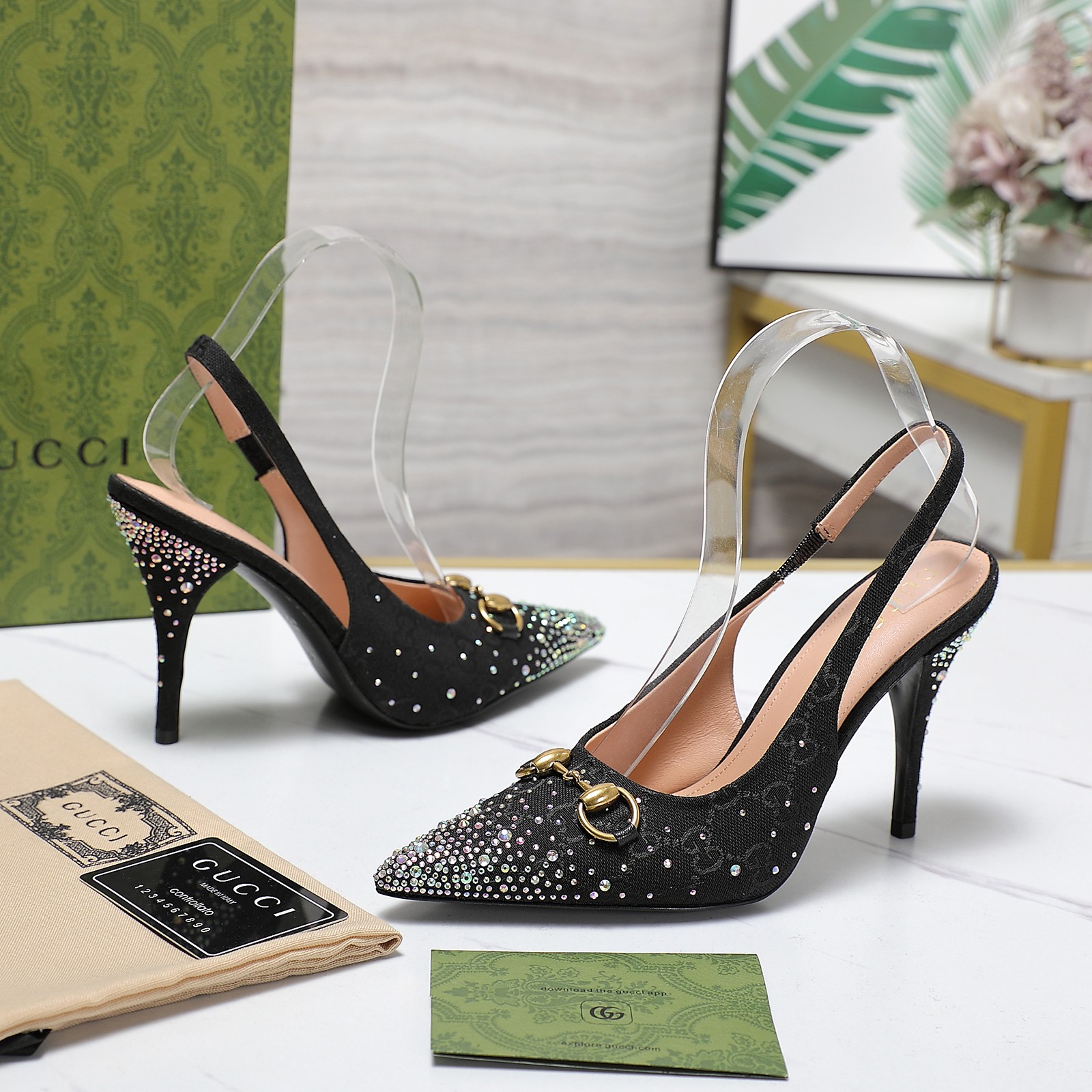 Gucci 25S Spring/Summer New Collection Double G Crystal Chain Buckle High Heel Sandals