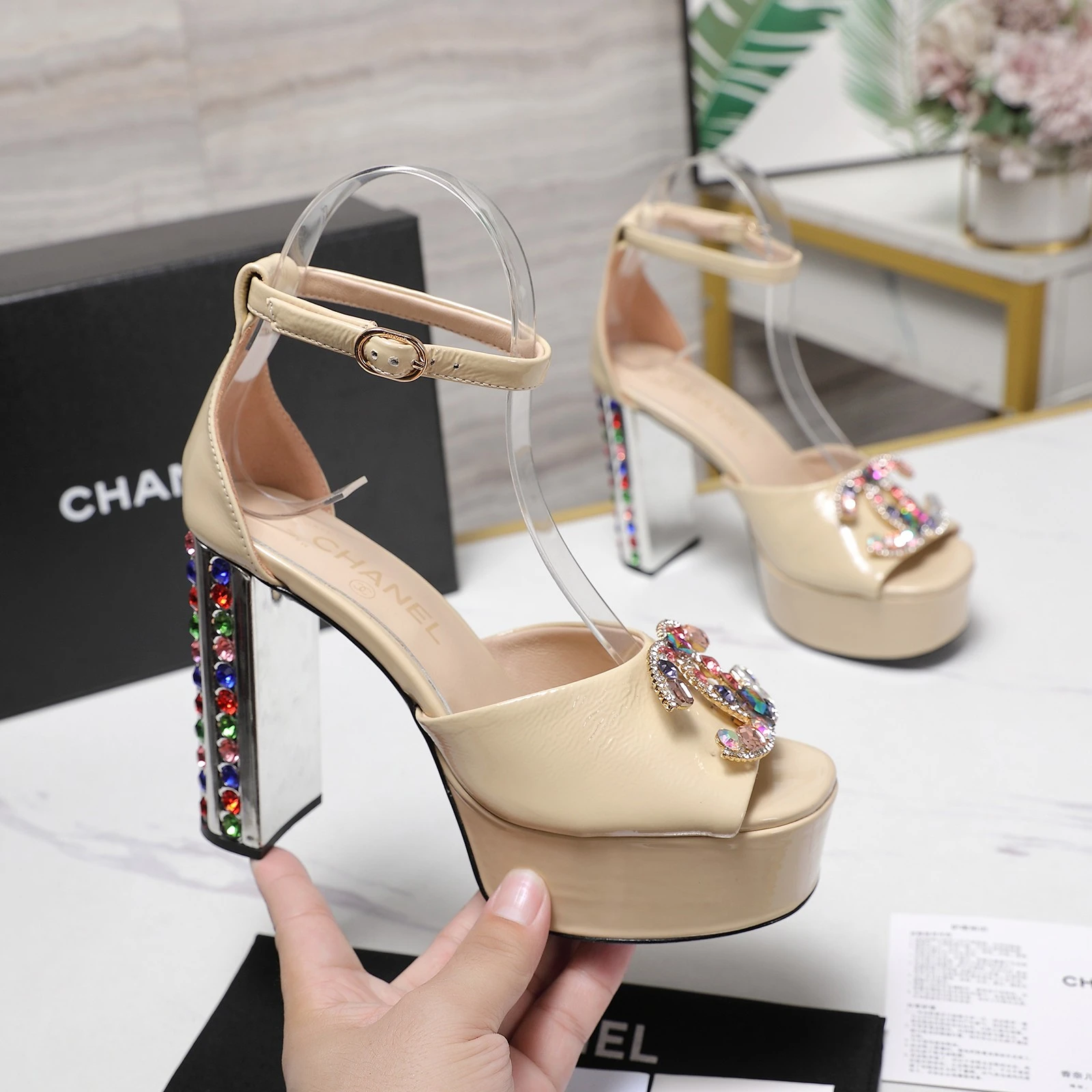 CHANEL Classic Diamond Heel+Double C Diamond Button Sandals