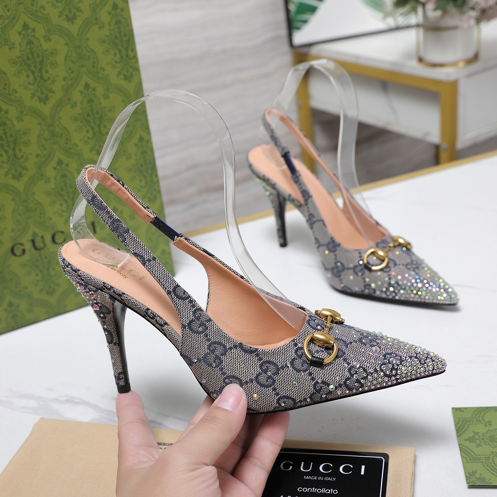 Gucci 25S Spring/Summer New Collection Double G Crystal Chain Buckle High Heel Sandals