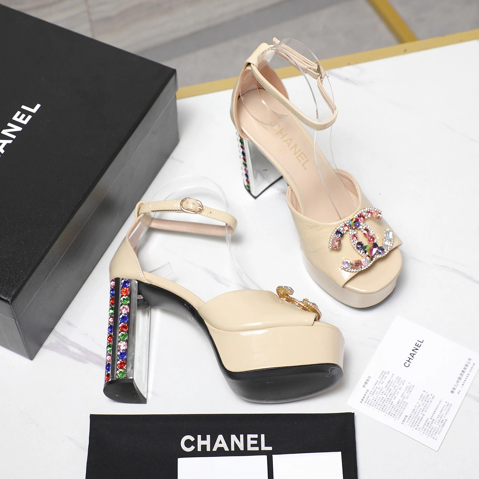 CHANEL Classic Diamond Heel+Double C Diamond Button Sandals