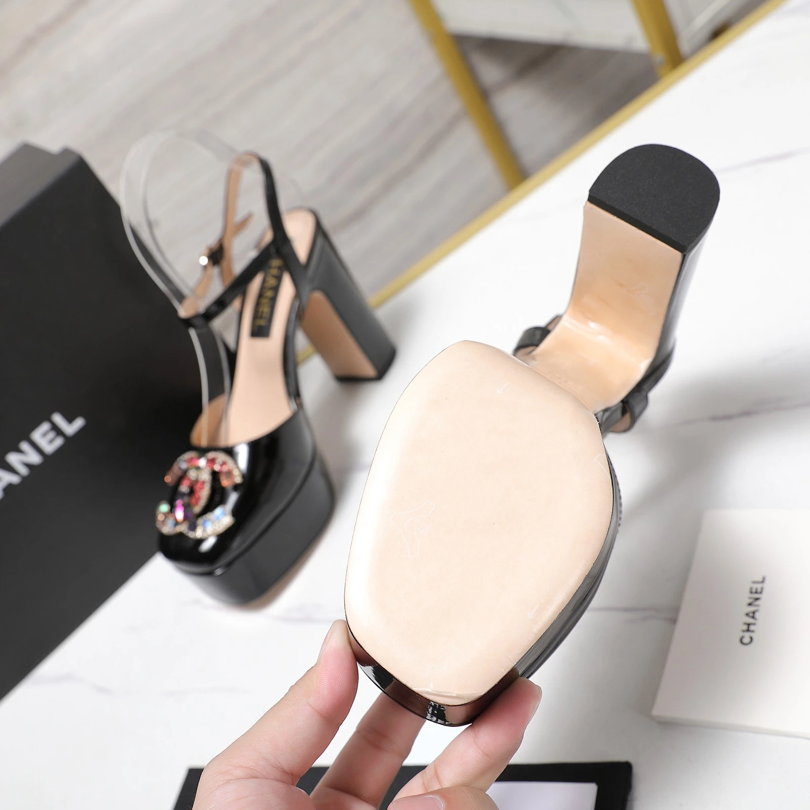 CHANEL Classic Diamond Heel+Double C Diamond Button Sandals