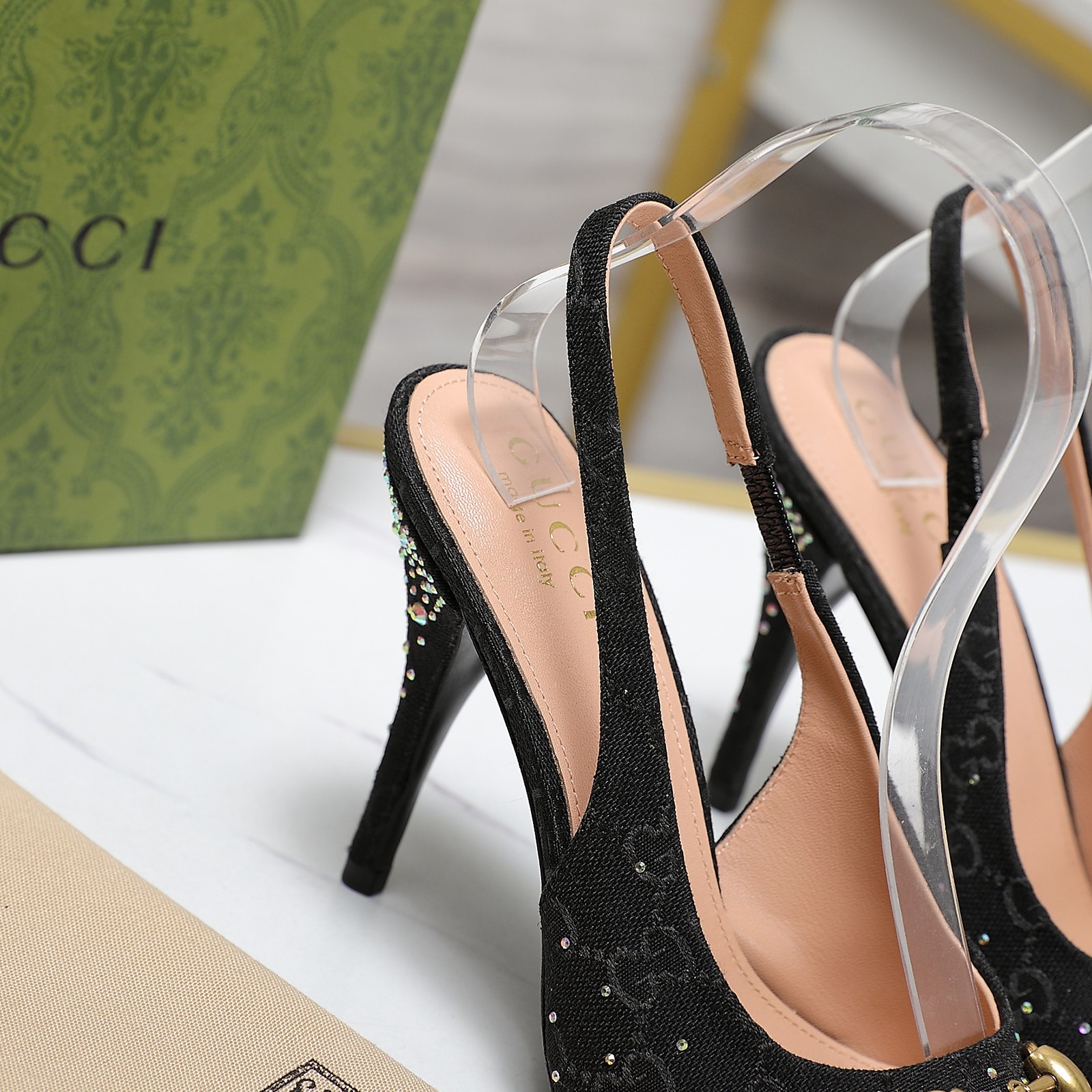 Gucci 25S Spring/Summer New Collection Double G Crystal Chain Buckle High Heel Sandals