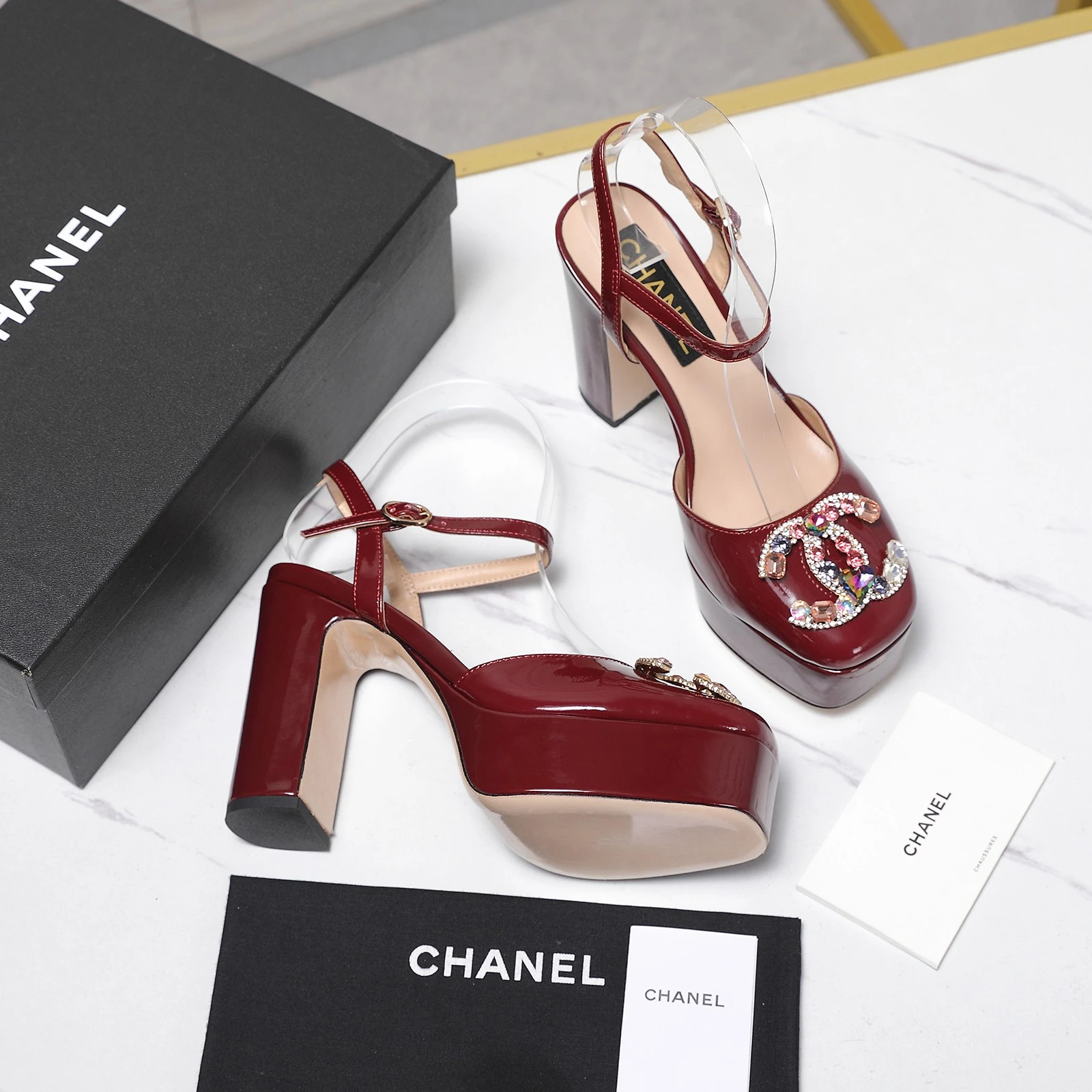 CHANEL Classic Diamond Heel+Double C Diamond Button Sandals