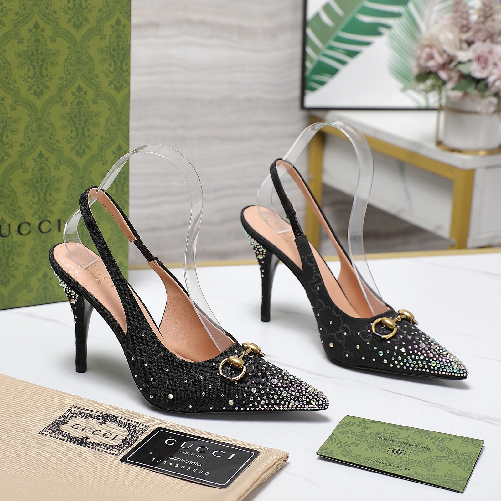 Gucci 25S Spring/Summer New Collection Double G Crystal Chain Buckle High Heel Sandals