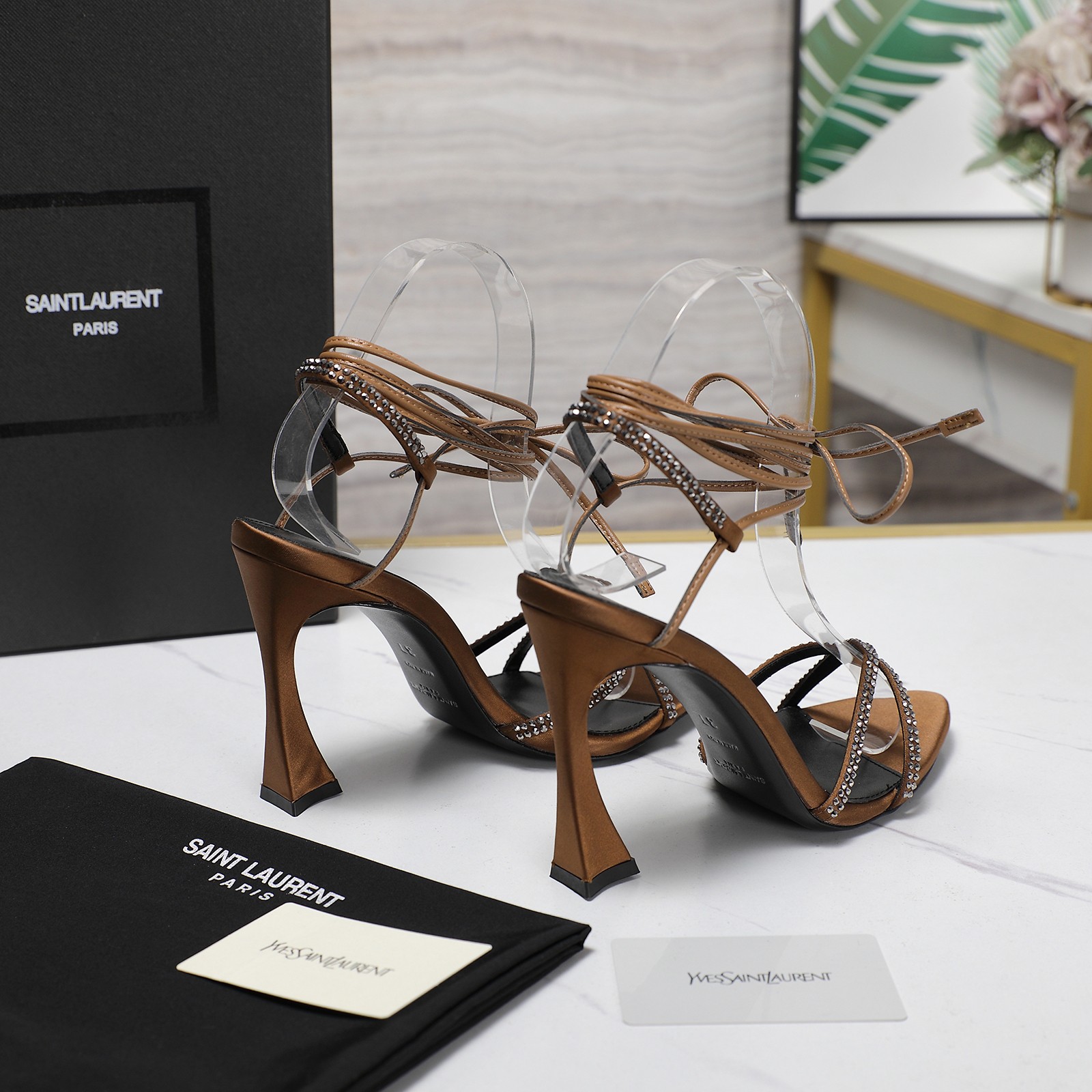 YSL Peep-toe rhinestone high-heeled sandals