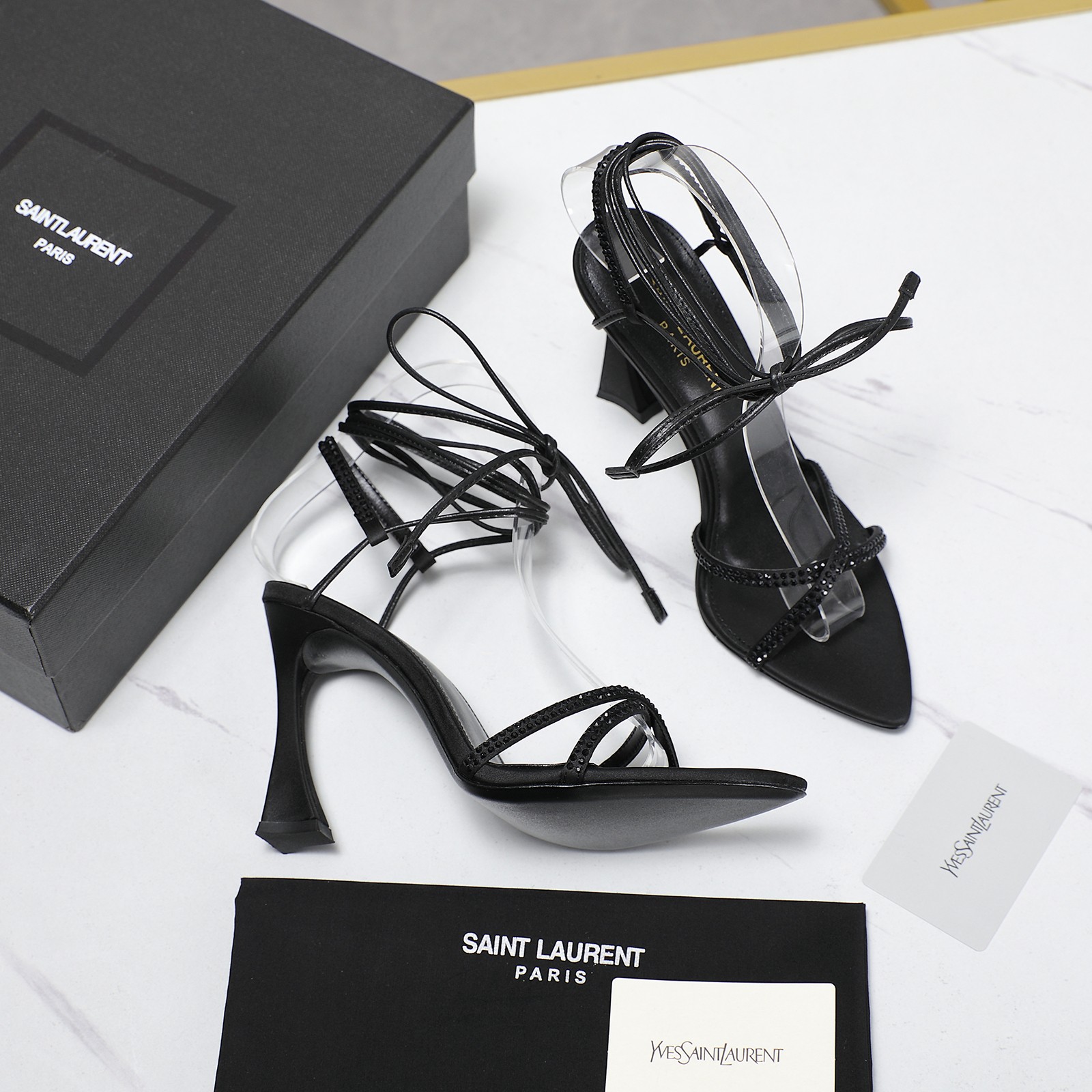YSL Peep-toe rhinestone high-heeled sandals