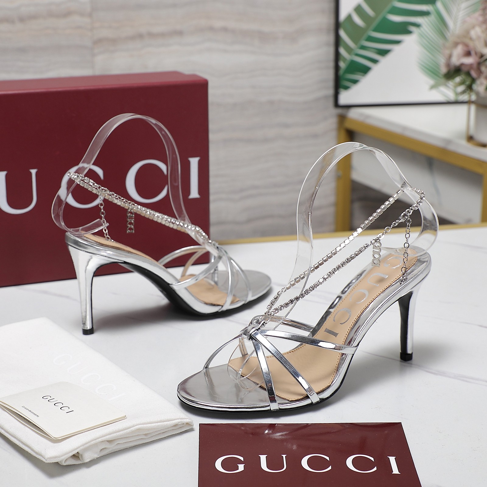 Gucci Stiletto heel sandals with crystal chain