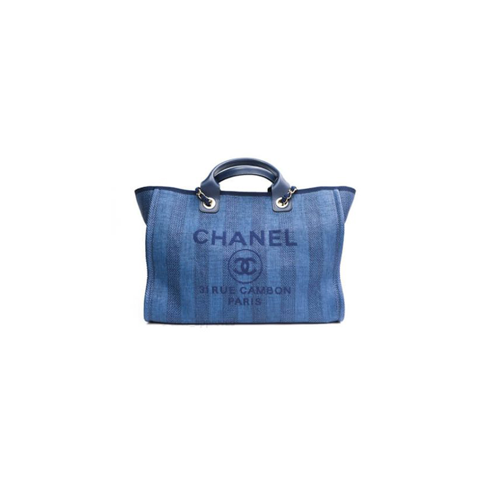 CHANEL Woven Straw Raffia Striped Medium Deauville Tote