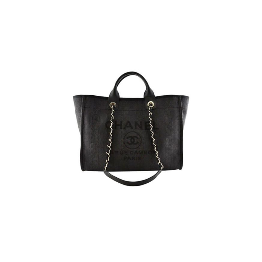 CHANEL Woven Straw Raffia Striped Medium Deauville Tote