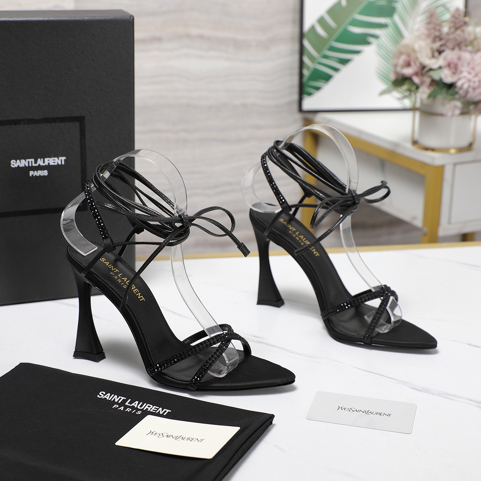 YSL Peep-toe rhinestone high-heeled sandals